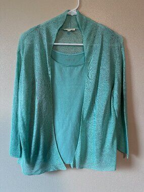 Eileen Fisher Cotton Tank and Linen Cardigan Set in Aqua size medium